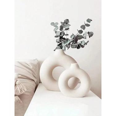 Imagem de 1 vaso de flores circulares de plástico branco M, vaso de flores secas simuladas, vaso artístico para arranjos florais, salão de exposição simples para sala de estar, decoração de casa