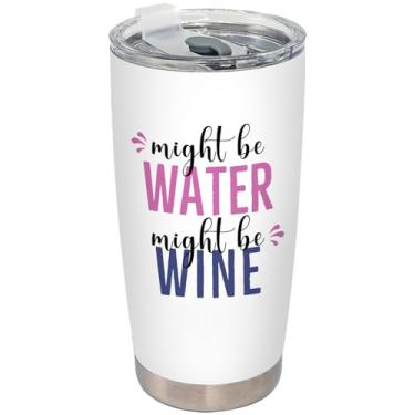 Imagem de BEHIFL Copo de vinho para mulheres e homens, presentes para amantes de vinhos, bebedores, copo de aço inoxidável com tampa e canudo 590 ml, copo de café Might Be Water Might Be Wine Travel