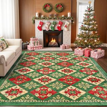 Imagem de HOMORE Tapete de sala de estar 20 x 25 cm, tapete vermelho de Natal, xadrez, lavável, antiderrapante, macio, para entrada, cozinha, sala de jantar, quarto, tapete geométrico marroquino