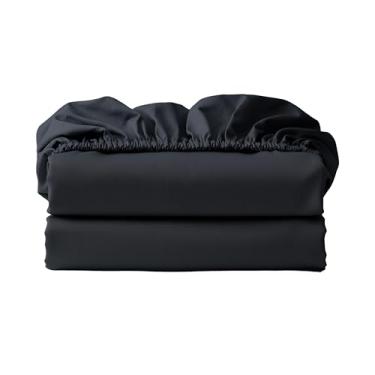 Imagem de Lençol com elástico dividido, 100% algodão egípcio, 600 fios, lençol com elástico único, lençol com bolso profundo de 20,3 a 40,6 cm, lençol de baixo de cetim macio e elástico (preto, king dividido)