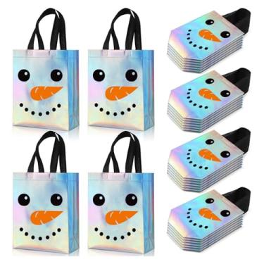 Imagem de Whaline 24 peças de saco de presente holográfico de inverno, reutilizável, não tecido, com alças, boneco de neve, doces, sacolas para lembrancinhas de festa de Natal