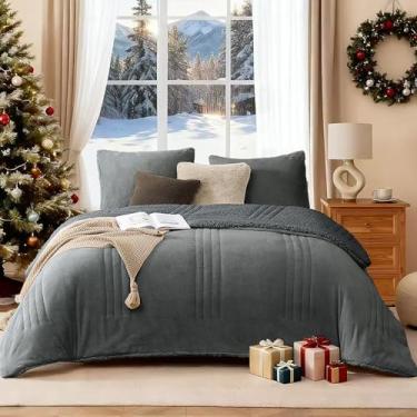 Imagem de Monbix Conjunto de edredom casal fofo – Conjunto de cama de lã de ovelha aconchegante de inverno com 3 peças, azul e cinza, 1 edredom com 2 fronhas