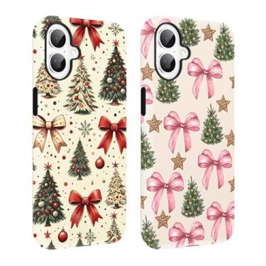 Imagem de Vulfwela Pacote com 2 capas de telefone com laço de árvore de Natal para iPhone 17 de 6,3 polegadas, capa de telefone com design de estrela de Natal fofa PC rígido à prova de choque TPU macio 2 em 1
