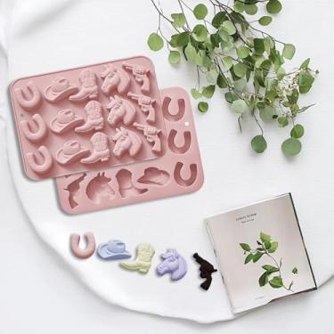 Imagem de 2 peças de molde de chocolate em pó duplo, moldes de doces festa temática ocidental para decorações de cupcake de cubo de gelo, moldes de cozimento de argila forma de sela de chapéu de silicone