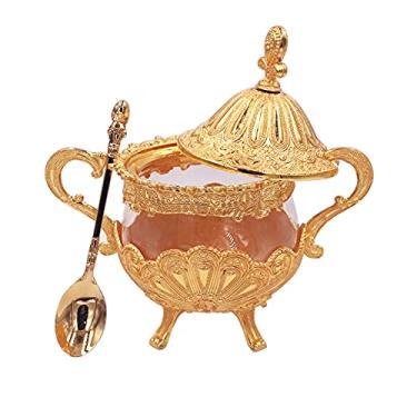 Imagem de Hourwof Açucareiro com tampa e colher para cozinha, café, bar e festa de casamento, recipiente de açúcar de metal e vidro para cubo de açúcar e açúcar em pó, recipiente para condimentos de especiarias