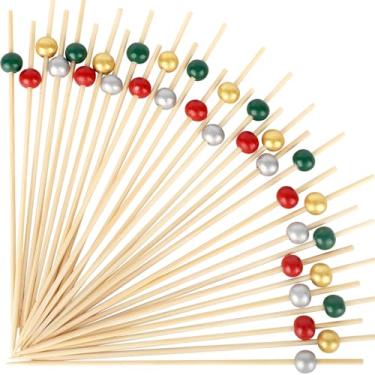 Imagem de 200 peças de palitos de coquetel de Natal, palitos de bambu extravagantes para aperitivos, bebidas, alimentos, frutas, espetos de pérola de madeira, palitos de charcutaria, decorações de artigos de