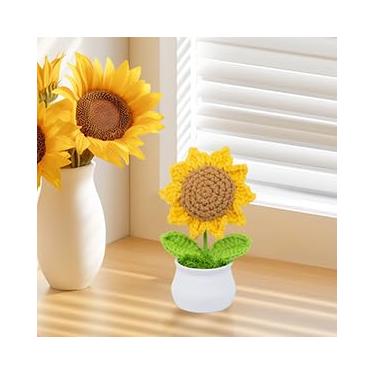 Imagem de Flores de crochê feitas à mão com girassol artificial – Lindo enfeite de mesa e painel de carro, decoração de festa de aniversário e Natal, decoração motivacional para escritório em casa