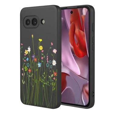 Imagem de OEURVQO Capa artística para Google 9A, capa de silicone líquido de toque macio com forro fofo, compatível com carregamento sem fio, capa protetora para Google Pixel 9A, flores silvestres pretas