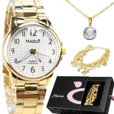 Imagem de Relogio Feminino Dourado Aço Inox + Pulseira + Colar + Caixa Qualidade Premium Presente Moda Casual