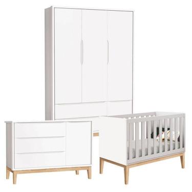 Imagem de Quarto De Bebê Classic 3 Portas Cômoda Com Porta Branco Com Pés Madeira Natural - Reller