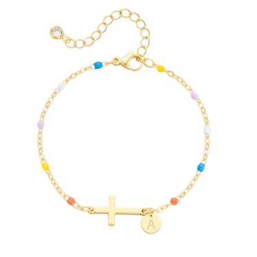 Imagem de Pulseira de cruz para mulheres delicadas coloridas com contas iniciais para mulheres adolescentes modernas ouro cristão batismo religioso joias presentes cesta de Páscoa, Small, Latão, Sem Pedra