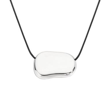 Imagem de RIJXU Colar de feijão grosso preto longo com pingente de prata grande joia para vestidos chiques de vaqueira, Long, Aço inoxidável Couro, Strass