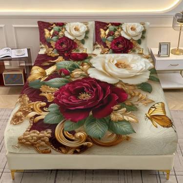 Imagem de AILONEN Jogo de cama solteiro rosa vermelha e branca para mulheres, lençol com elástico floral vintage luxuoso com 2 fronhas, 3 peças de flores românticas para todas as estações