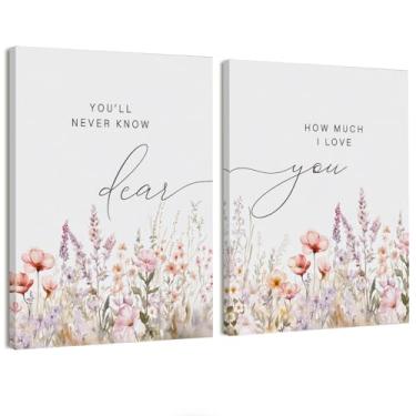 Imagem de STHTTSW Decoração de berçário de flores silvestres, decoração de berçário de bebê, conjunto de 2, impressões de arte de parede em tela boho floral para quarto de meninas, letreiro I Love You, 28 x 35