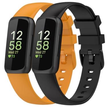 Imagem de Pacote com 2 pulseiras esportivas compatíveis com Fitbit Inspire 3, 15,4 mm de largura de silicone macio ajustável para mulheres e homens (preto/amarelo, pequeno)