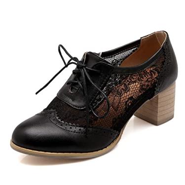Imagem de SHEMEE Sapatos femininos de salto alto grosso com bico arredondado Oxfords bico arredondado com cadarço e salto bloco empilhado Vintage Brogues, Preto, 9