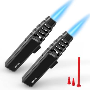 Imagem de TBTeek Isqueiro de tocha de butano 2 pacotes – Isqueiro de chama de jato ajustável, maçarico de sopro, tocha de fogo brilhante recarregável, tocha de cozinha com trava de segurança para cozinha, assar