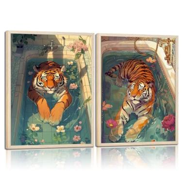 Imagem de Impressão de arte de parede de tigre emoldurado em 2ps em tela kitsch rosa estética engraçada banheiro pinturas de animais imagens decoração de parede pôster de tigre moderno decoração de galeria