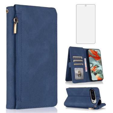 Imagem de Asuwish Compatível com Google Pixel 9 Pro XL/10 Pro XL, capa tipo carteira protetora de tela, zíper, retrô, de couro, suporte para cartão, acessórios para Pixel9 9Pro Nine Pixel10 10Pro LX azul