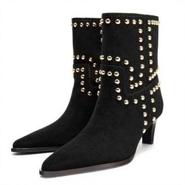 Imagem de BANGTEUO Botas femininas de camurça com salto gatinho cravejado, cano baixo, bico fino, salto baixo, cano médio, para festas, formaturas, encontros elegantes, Preto, 36