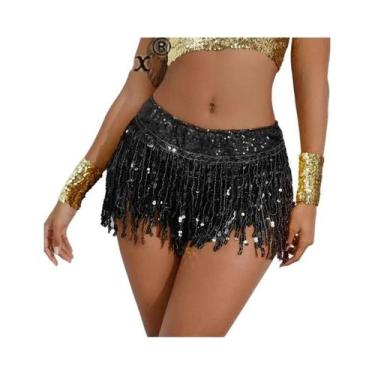 Imagem de Shorts De Lantejoulas Com Franjas Em Cores Sólidas Para Mulheres, Saia