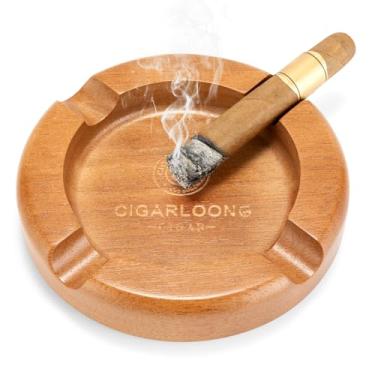 Imagem de Cinzeiro de charuto de madeira com suporte para charutos de 4 compartimentos, grande bandeja redonda de cinzas de cigarro para pátio, uso interno e externo em casa, escritório, acessórios de decoração