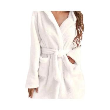 Imagem de Robe De Fleece Com Capuz Em Cor Sólida Para Mulheres Com Cinto, Pijama