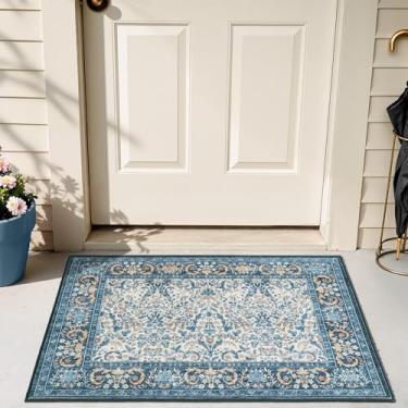 Imagem de Woaboy Tapete de entrada lavável 2x3 vintage boho design floral para entrada, cozinha, banheiro, entrada interna, antiderrapante, camada baixa, resistente a manchas, tapete macio para decoração de