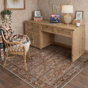 Imagem de HUGEAR Tapetes laváveis à máquina 10 x 15 cm tapete vermelho tijolo para corredor tapete de área interior tapete floral de pelo baixo tapete macio para quarto, sala de estar, escritório, sala de