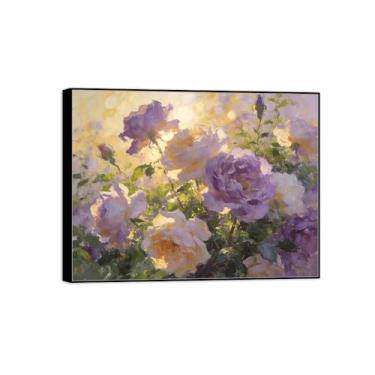 Imagem de Pintura de arte de parede de flores - imagem de decoração vintage - flores roxas - impressões em tela de moldura preta para sala de estar 50 x 65 cm 20 x 26 pol