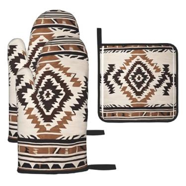 Imagem de Conjunto de cozinha essencial de 3 peças com estampa nativa, luvas resistentes ao calor e alça de tampa, proteção para churrasco no forno, design de armazenamento suspenso.