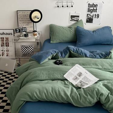 Imagem de XLCZMYL Conjunto de cama minimalista de cor lisa, 3 peças, 1 capa de edredom, 2 fronhas, super macio, respirável, lavável na máquina, não desbota, duplo, jeans fresco, lençóis de 1,2 m, 3 peças 150 x