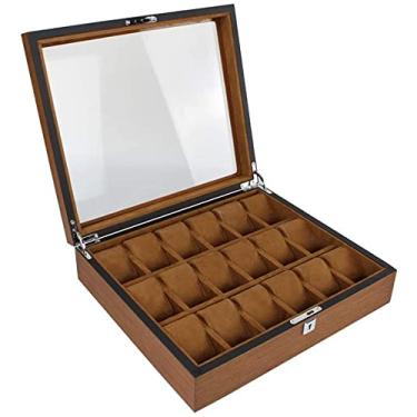 Imagem de uhyOHF Caixa de relógio grande grade 18 de madeira com trava de tampa de vidro, almofada masculina/feminina, coleção de relógios, suporte de caixa de armazenamento, marrom (