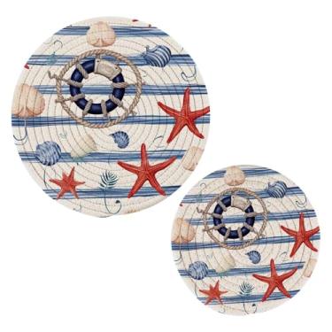 Imagem de Wassud Conjunto de trivet listrado estrela-do-mar e concha para pratos quentes, suportes redondos de algodão, almofadas quentes, porta-copos elegantes, decoração de cozinha e acessórios, 2 peças
