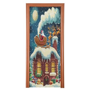 Imagem de Wassud Capa de porta de Natal para decoração de banner 91 x 238 cm grande ilustração temática de Natal capa elástica para porta interna externa para varanda porta da frente