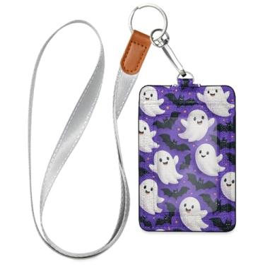 Imagem de Wassud Porta-crachá de couro PU Boo-boos and Bats com cordão, porta-cartão de identificação para trabalho, cordão de pescoço com compartimentos para cartões de crédito, funcionários, estudantes, 39,9