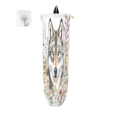 Imagem de xigua Suporte de parede para saco plástico de lobo aquarela com cordão, pacote com 2, organizador de sacolas de supermercado reutilizável para bolsas, meias, roupas íntimas e gravatas