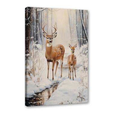 Imagem de Pôster de paisagem de Natal inverno fazenda alce pinhas boneco de neve natureza pintura em tela impressão de parede decoração de sala de estar (SKU7,20.3x30.5 cm = (20x30cm), emoldurado (tela