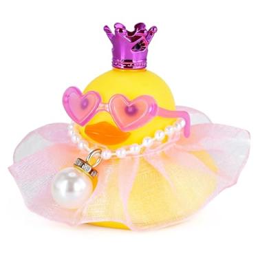 Imagem de BOZILY Decoração de painel de carro de pato de borracha, mini pato amarelo com coroa roxa, saia tutu rosa, óculos de sol de coração e colar de pérolas, acessórios interiores DIY para decoração de