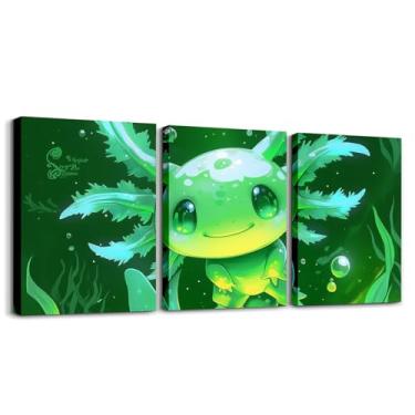 Imagem de Erosebridal Axolotl Canvas Wall Art Conjunto de 3 30.5 cm x 40.6 cm Lovely Axolotls Poster Prints for Adults Men Boys Cute Sea Animal Print Wall Decoration Green Cartoon Ocean Seaweed Bubble Paintings