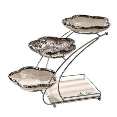 Imagem de Fruteira Fruteira de 3 andares com tigelas em formato de flor, compacta e com espaço para armazenamento, ideal para servir petiscos na cozinha, salas de jantar e festas. Decoração de mesa