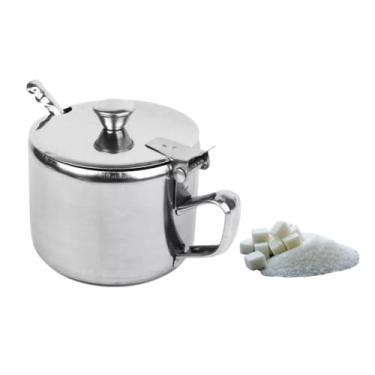 Imagem de Açucareiro de Aço Inox com Colher, 220ml, 8cm Diâmetro, Fundo em Vidro Transparente, Prata
