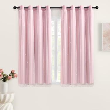 Imagem de XiDi Cortinas rosa claro com sobreposição transparente para quarto de meninas, 2 painéis, cortinas blackout de camada dupla, 113 cm de comprimento para crianças, princesa, berçário, ilhós, cortinas de