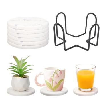 Imagem de WRENYZK Conjunto de 6 porta-copos de terra de diatomáceas, porta-copos versátil de diatomita absorvente de água com suporte, porta-copos de pedra estilo mármore para bebida, tapete de copo de secagem