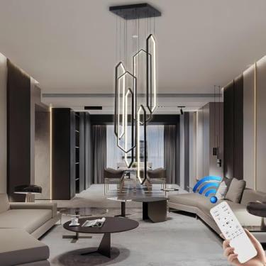 Imagem de Lustre moderno para sala de estar, em alumínio, com 6 anéis de LED, preto, grande, moderno, para escadas, dimerizável, para tetos altos, com controle remoto, adequado para iluminação de ilha