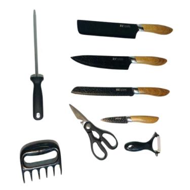 Imagem de Jogo de Facas Profissional XDX 8 Peças Aço Inox Martelado Cabo Madeira Cozinha e Churrasco com Garra de Carne e Cutelo