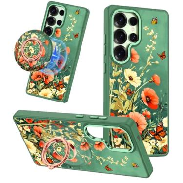 Imagem de Meshine Capa para Galaxy S25 Ultra, compatível com MagSafe, suporte magnético de rotação de 360°, fosco com flores fofas para mulheres e meninas, capa de moda engraçada para Samsung Galaxy S25 Ultra