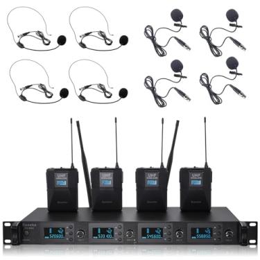 Imagem de Sistema de microfone sem fio de 4 canais, UHF 4 fones de ouvido de lavalier para igreja de karaokê, conferências de conversação, festas de reunião, 4 x 50 frequência ajustável (4 bodypack)