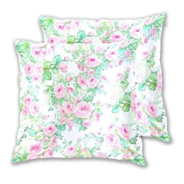 Imagem de Joitme Conjunto de 2 capas de almofadas de rosas florais e folhas verdes, conjunto de 2 capas de almofada grandes, decoração de sala de estar, 50 x 50 cm, 2 peças