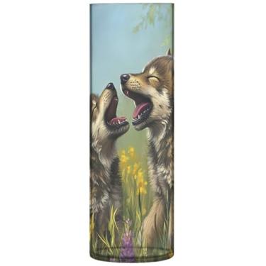 Imagem de Wolf Cubs Grass floral bonito vaso alto plástico cilindro vasos de flores para centros de mesa impressão moderna decoração de quarto, 30 cm x 9,9 cm